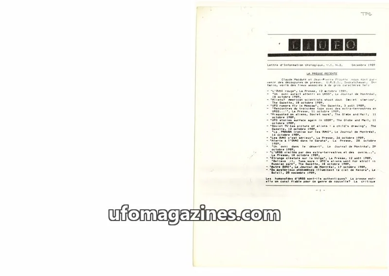 Cover of CCOI issue V.1, N.2: Lettre d'Information Ufologique