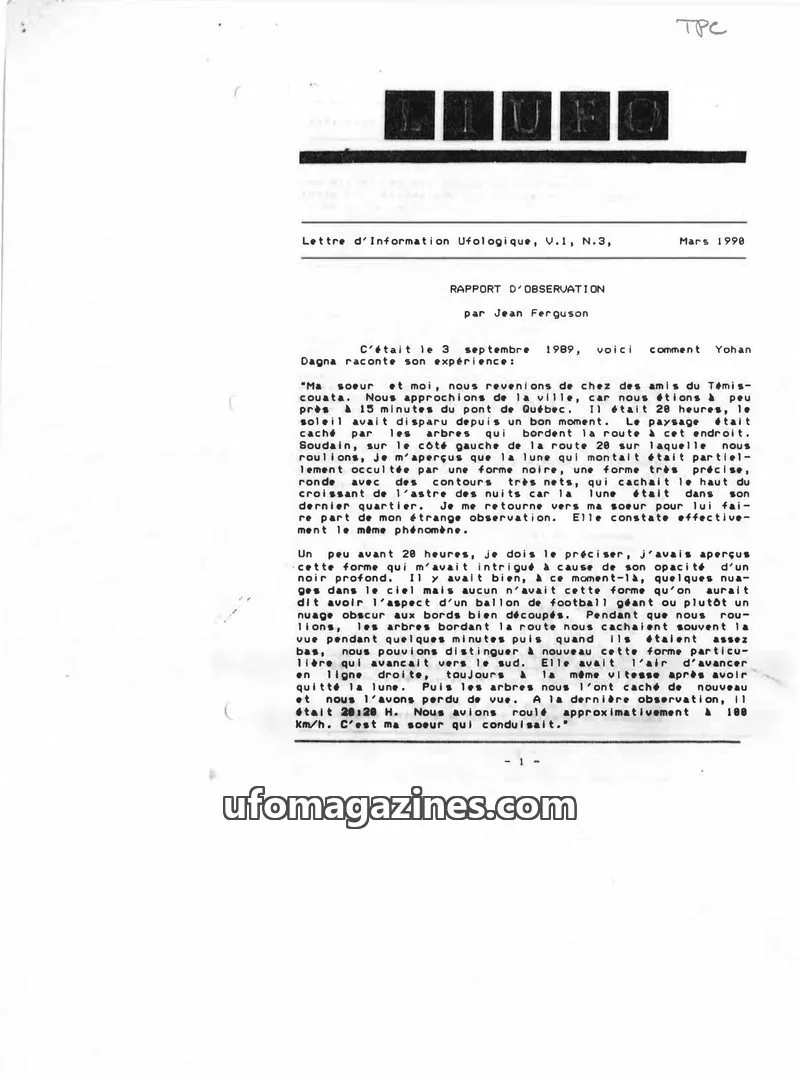 Cover of LIUFO issue V.1, N.3: Lettre d'Information Ufologique