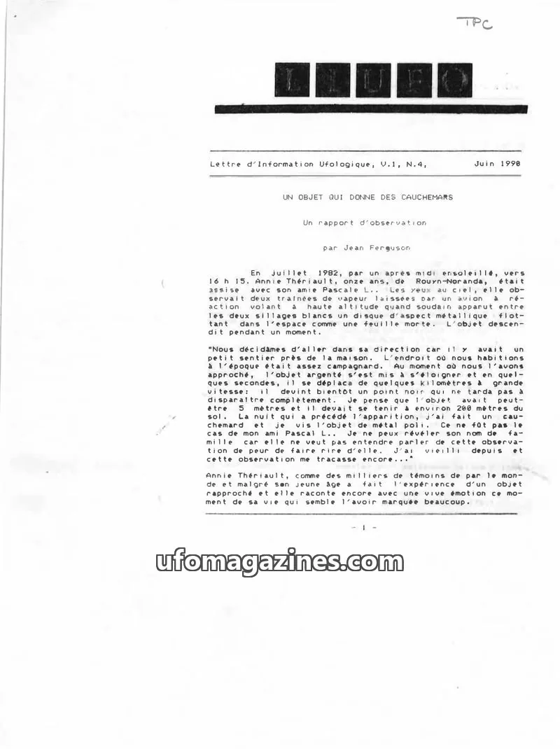 Cover of LIUFO issue V.1, N.4: Lettre d'Information Ufologique