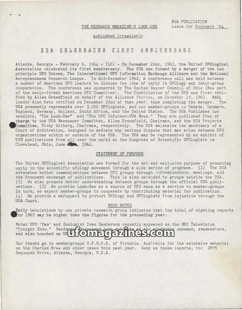 Cover of United UFOlogical Association issue February '64: THE RESEARCH MAGAZINE'S LOOK-SEE