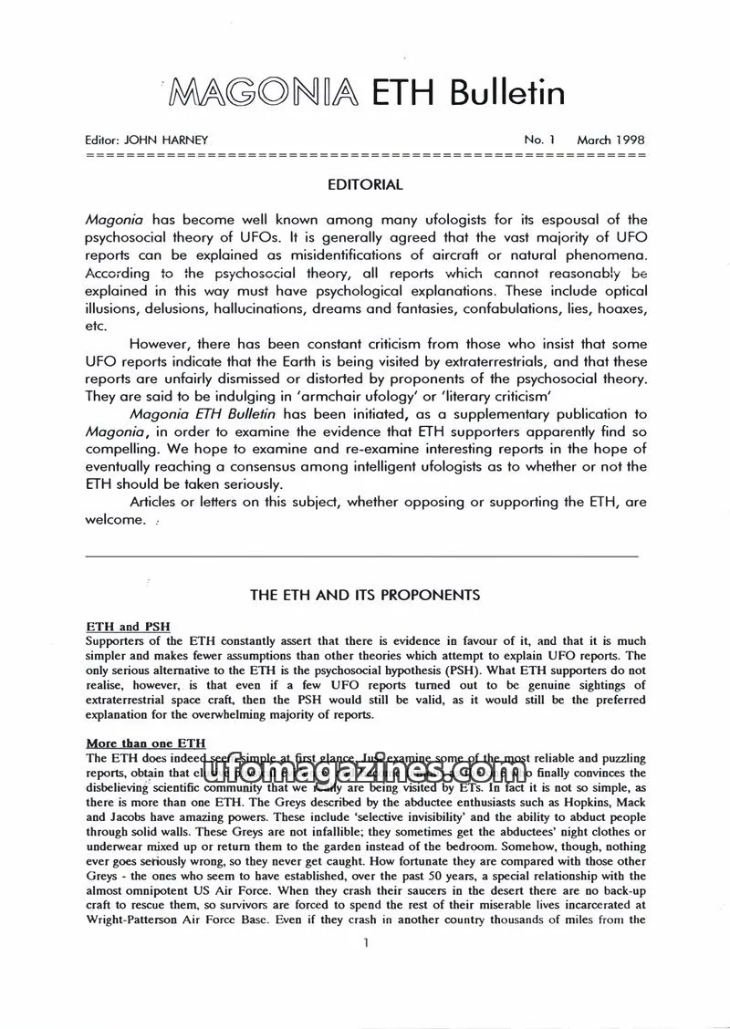 Cover of Magonia Supplement issue 1: MAGONIA ETH Bulletin