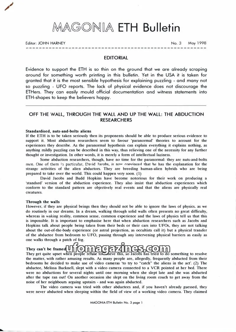 Cover of Magonia Supplement issue 3: MAGONIA ETH Bulletin