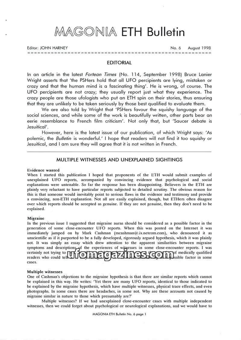 Cover of Magonia Supplement issue 6: MAGONIA ETH Bulletin