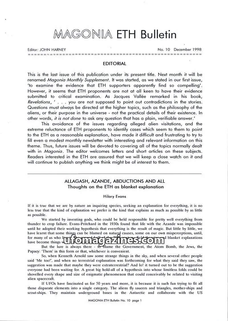 Cover of Magonia Supplement issue No. 10: MAGONIA ETH Bulletin