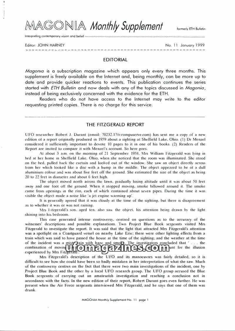 Cover of Magonia Supplement issue 11: MAGONIA Monthly Supplement