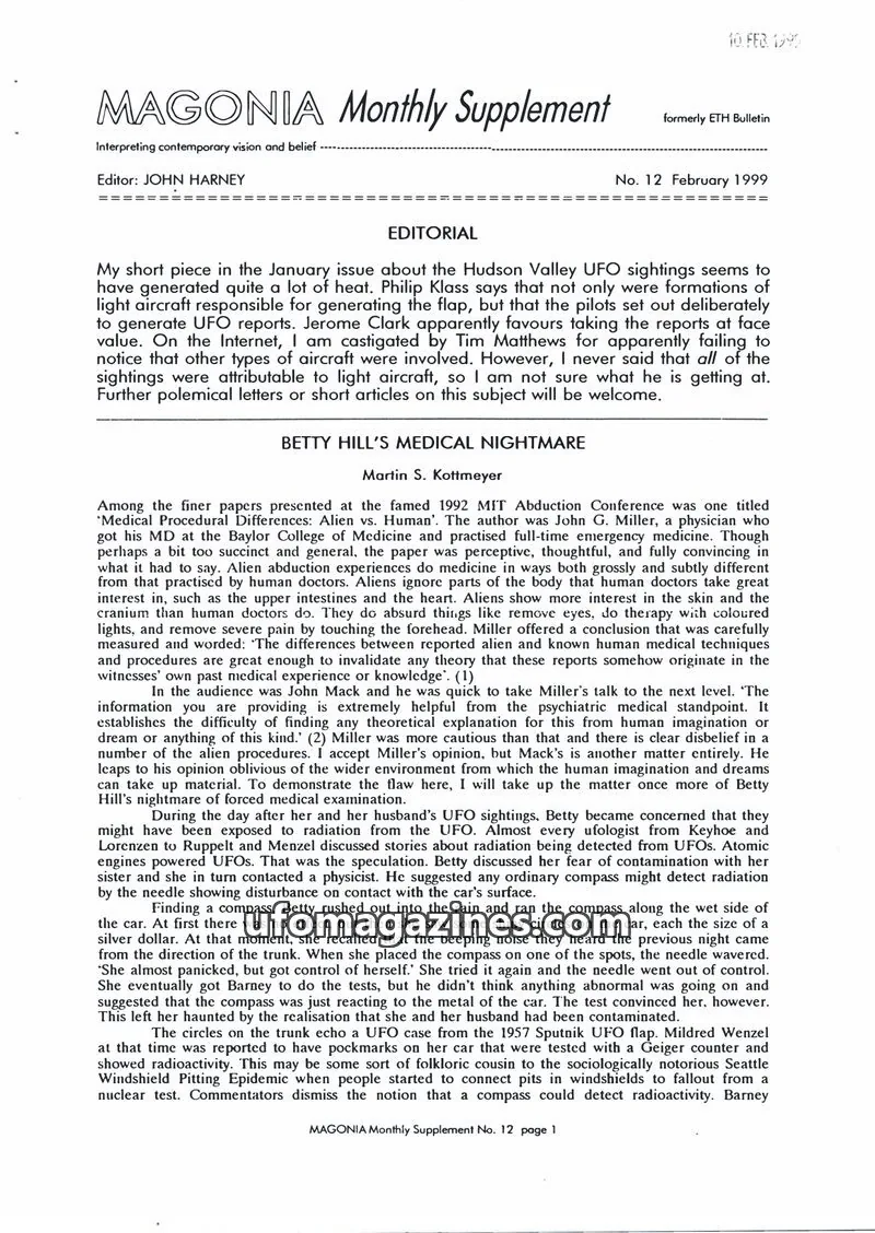 Cover of Magonia Supplement issue 12: MAGONIA Monthly Supplement