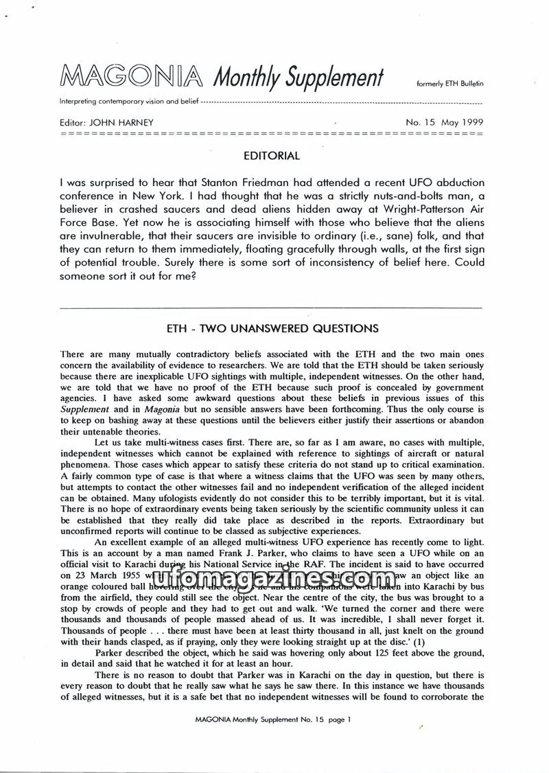 Cover of Magonia Supplement issue 15: MAGONIA Monthly Supplement