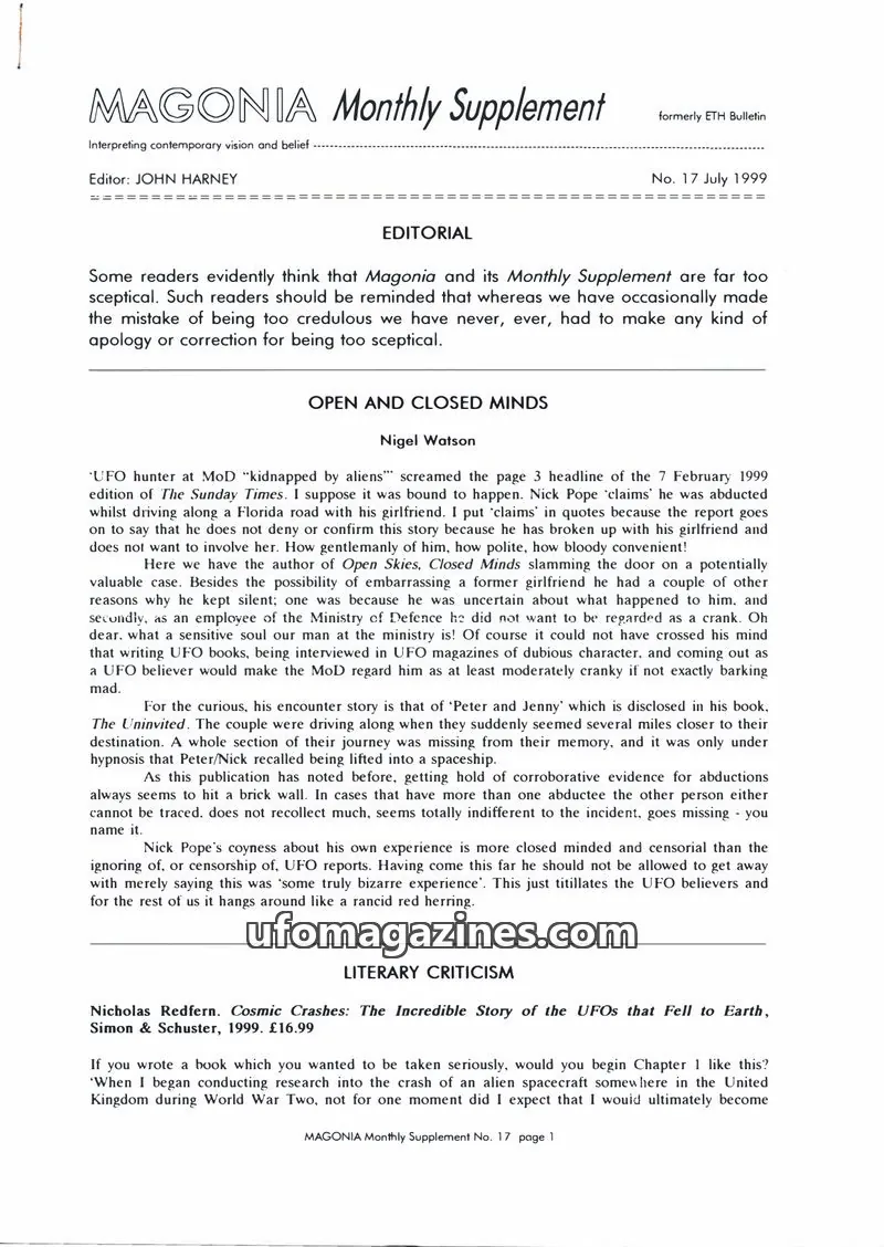 Cover of Magonia Supplement issue 17: MAGONIA Monthly Supplement