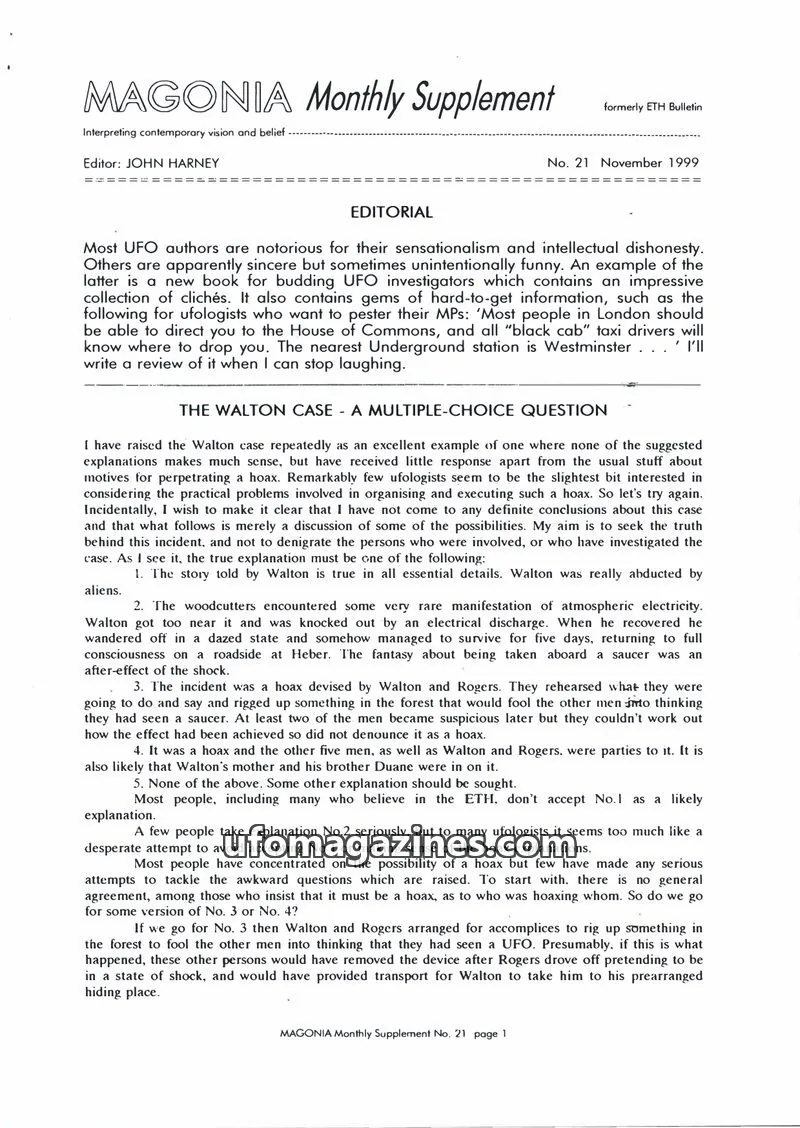 Cover of Magonia Supplement issue 21: MAGONIA Monthly Supplement