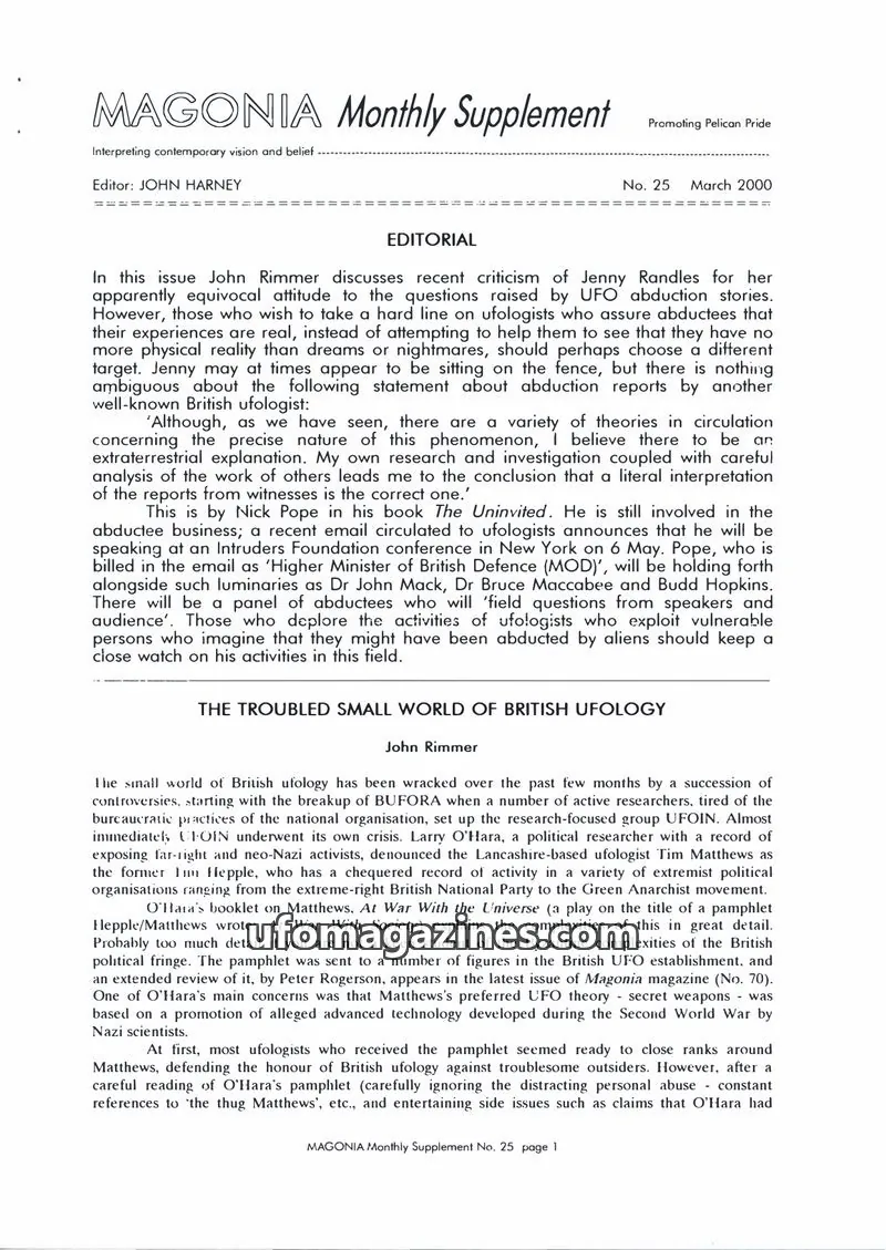 Cover of Magonia Supplement issue 25: MAGONIA Monthly Supplement