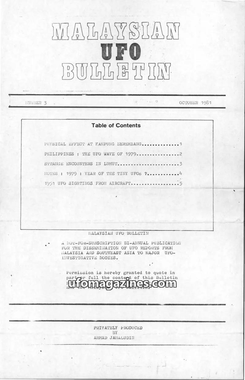Cover of Malaysian UFO Bulletin (Jamaludin) issue 3: MALAYSIAN UFO BULLETIN