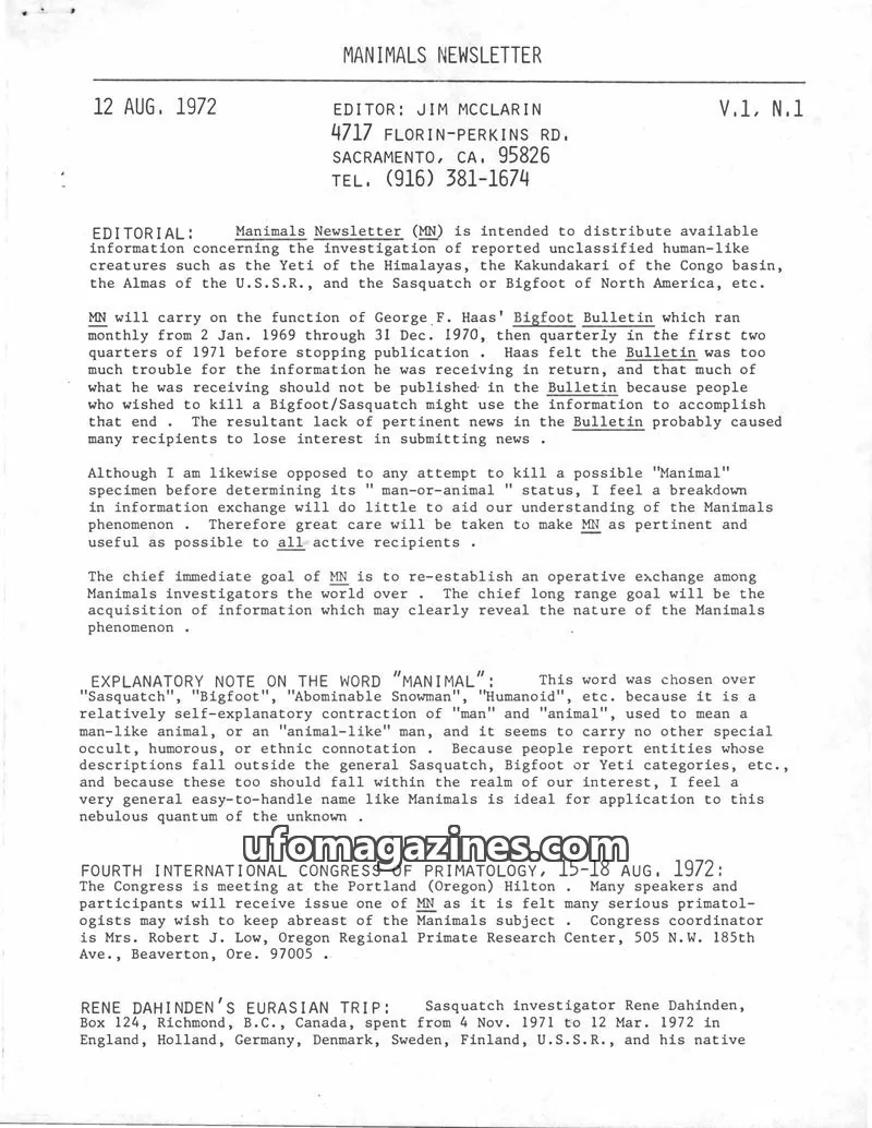 Cover of Manimals (Jim McClarin) issue V.1, N.1: MANIMALS NEWSLETTER