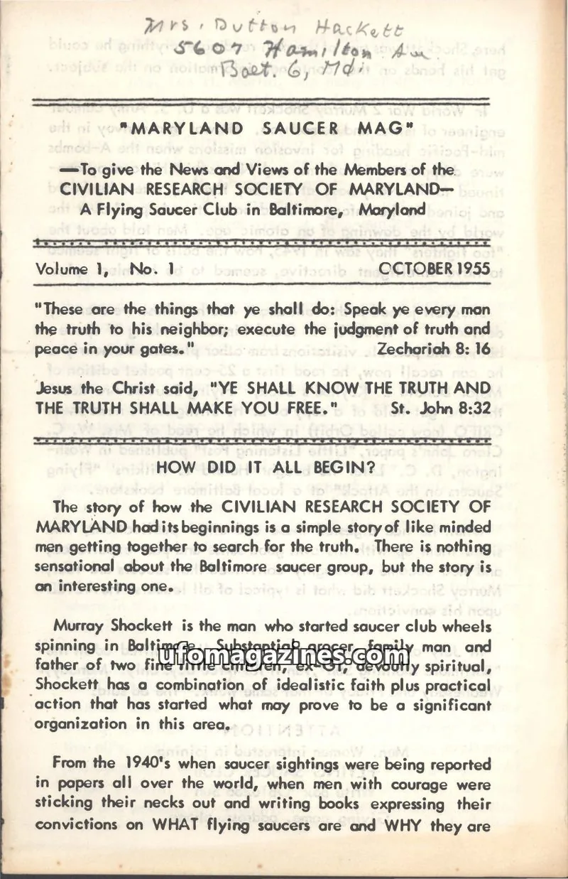 Cover of CIVILIAN RESEARCH SOCIETY OF MARYLAND issue No. 1: MARYLAND SAUCER MAG