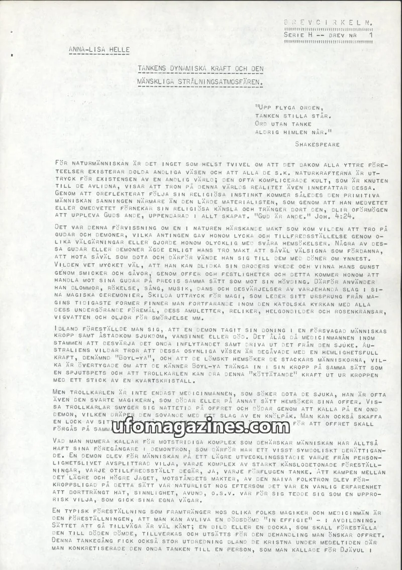 Cover of Brevcirkeln Arcanum issue 7: TANKENS DYNAMISKA KRAFT OCH DEN MÄNSKLIGA STRÅLNINGSATMOSFÄREN.