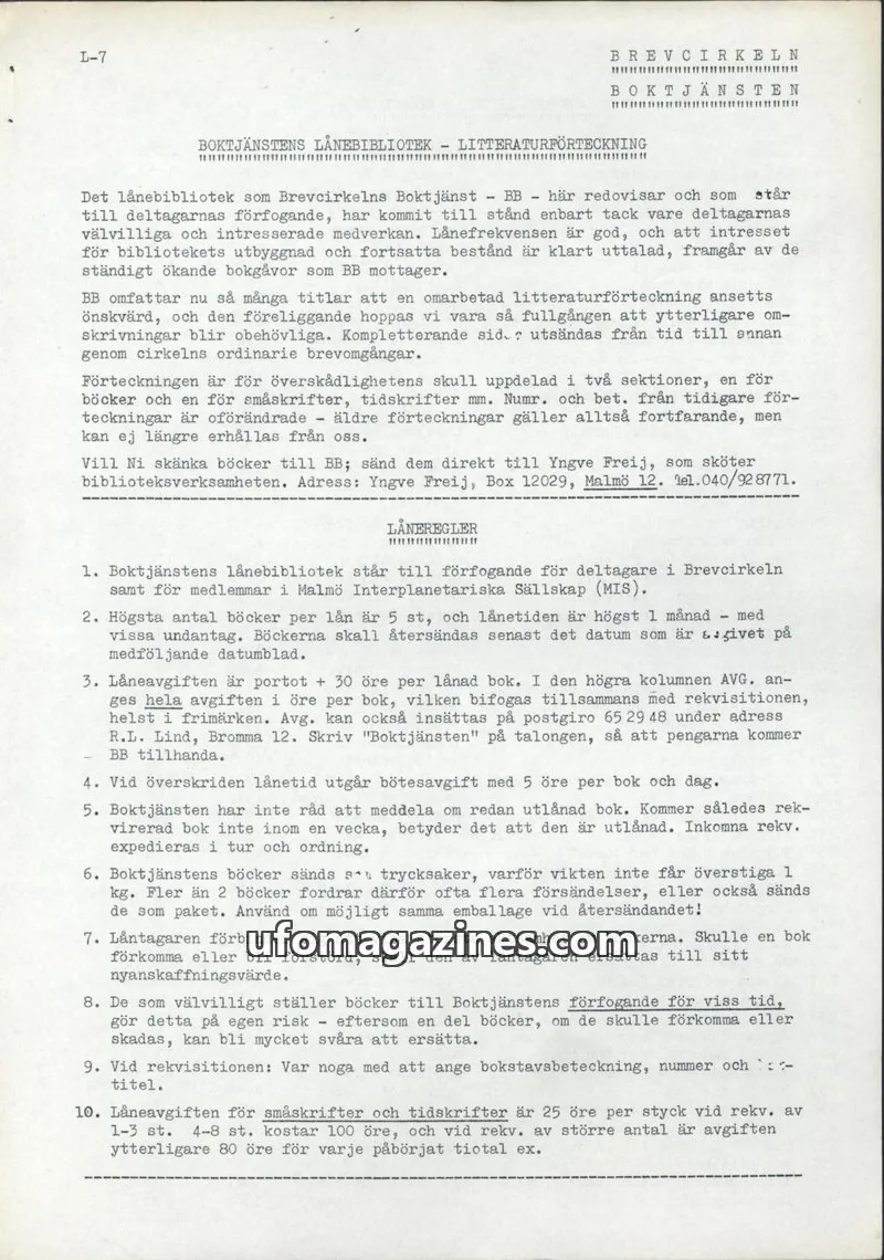 Cover of Brevcirkeln Arcanum issue L-7: BOKTJÄNSTENS LÅNEBIBLIOTEK - LITTERATURFÖRTECKNING