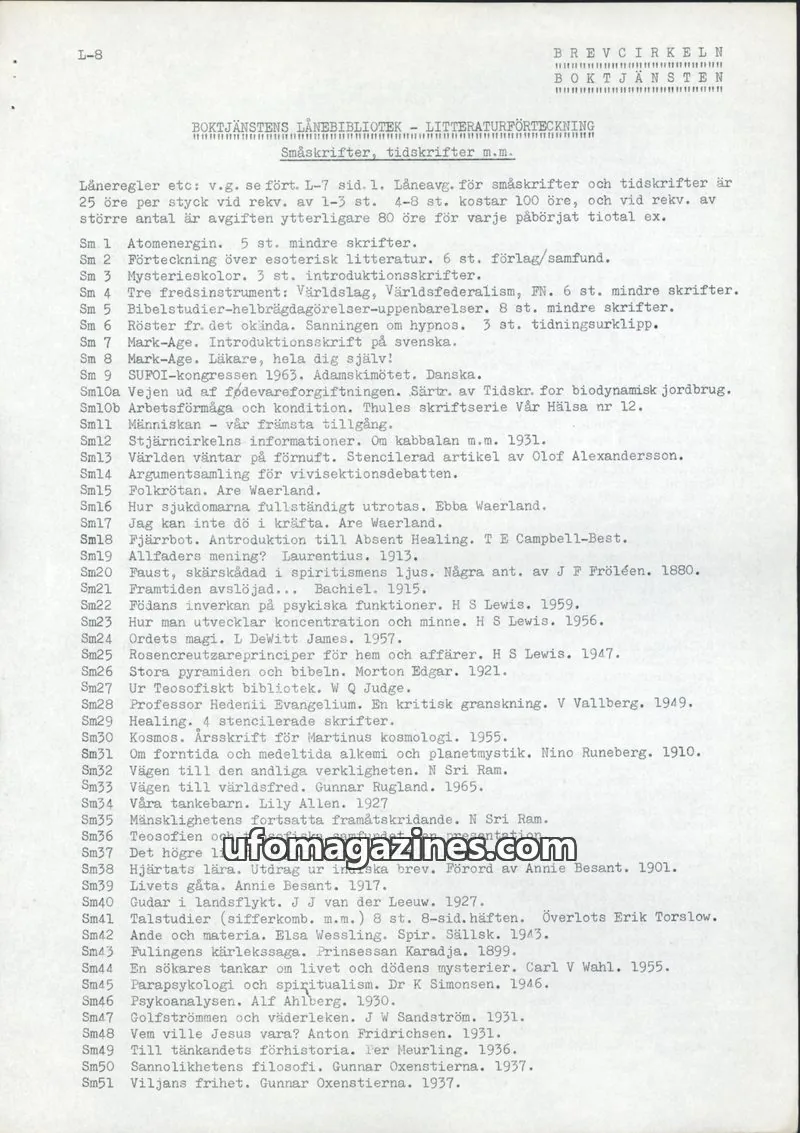 Cover of Brevcirkeln Arcanum issue L-8: BOKTJÄNSTENS LÅNEBIBLIOTEK - LITTERATURFÖRTECKNING
