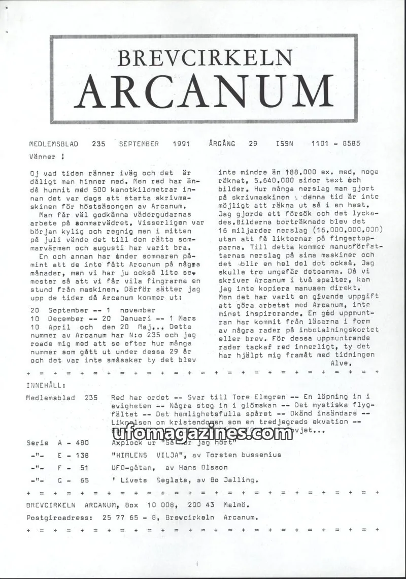 Cover of Brevcirkeln Arcanum issue 235: BREVCIRKELN ARCANUM