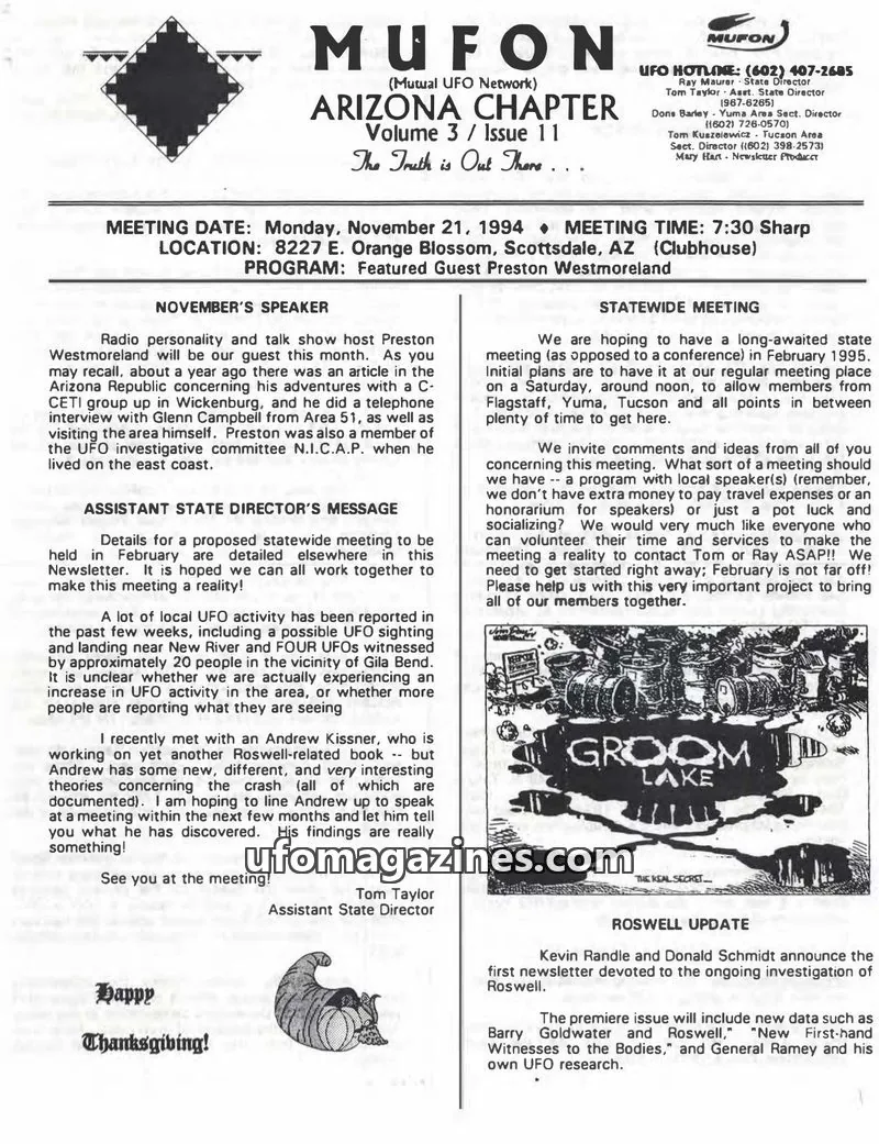 Cover of MUFON (Mutual UFO Network) issue Volume 3 / Issue 11: MUFON Arizona Chapter