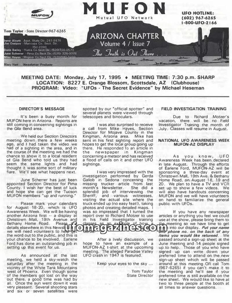 Cover of MUFON Mutual UFO Network issue 7: MUFON Mutual UFO Network Arizona Chapter