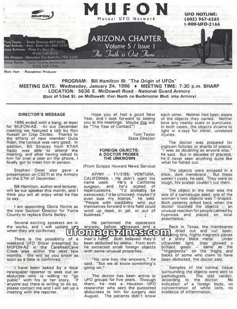 Cover of MUFON issue Volume 5 / Issue 1: MUFON Arizona Chapter