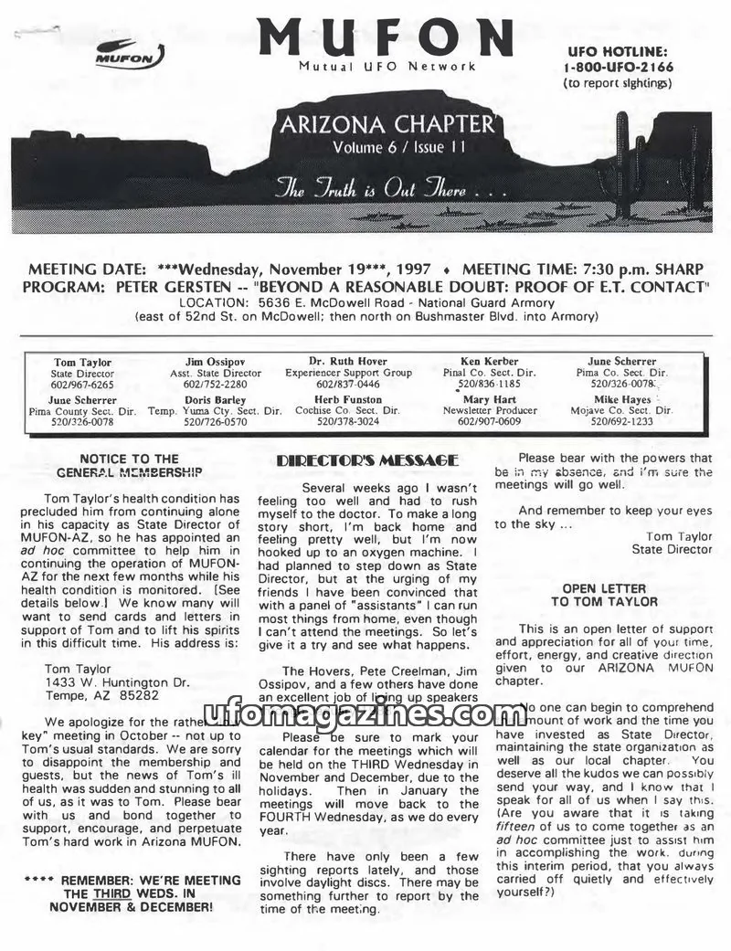 Cover of MUFON issue Volume 6 / Issue 11: MUFON ARIZONA CHAPTER