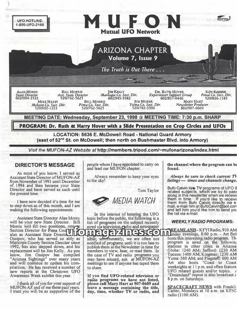 Cover of MUFON Mutual UFO Network issue Volume 7, Issue 9: MUFON Arizona Chapter