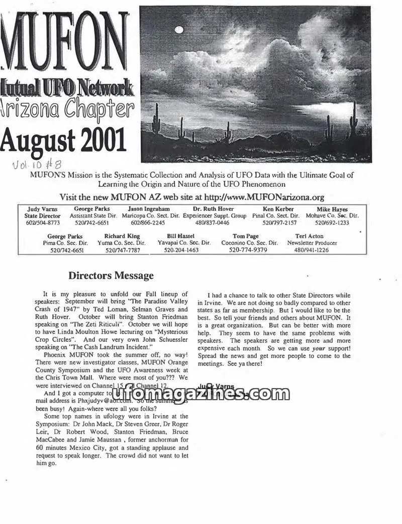 Cover of MUFON issue Vol. 10 #8: MUFON Mutual UFO Network Arizona Chapter