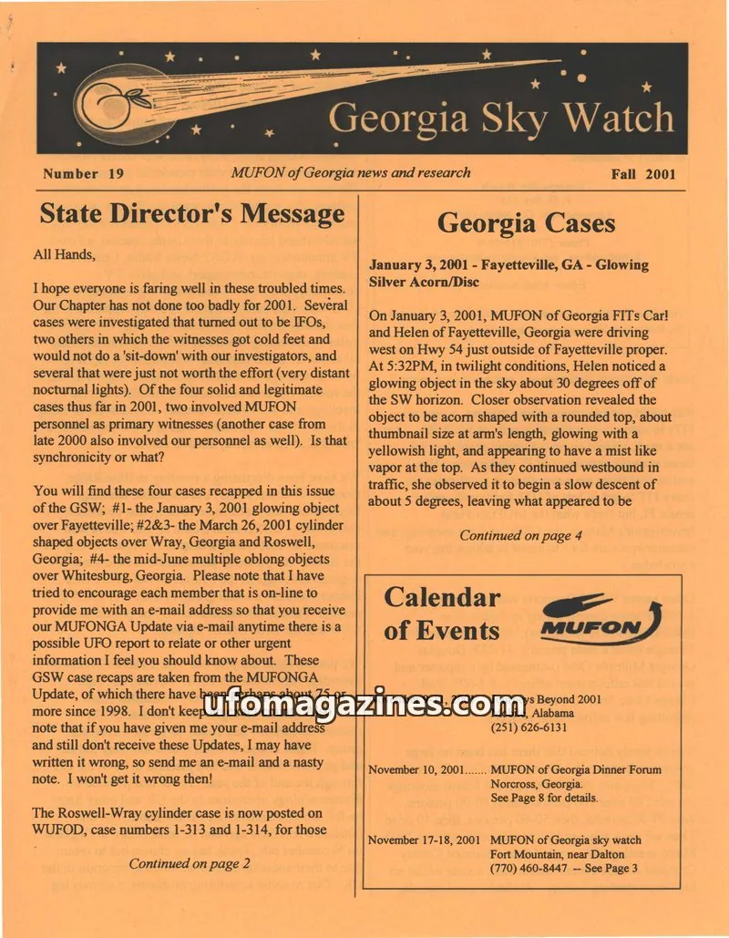 Cover of MUFON Georgia (Georgia Sky Watch) issue 19: Georgia Sky Watch