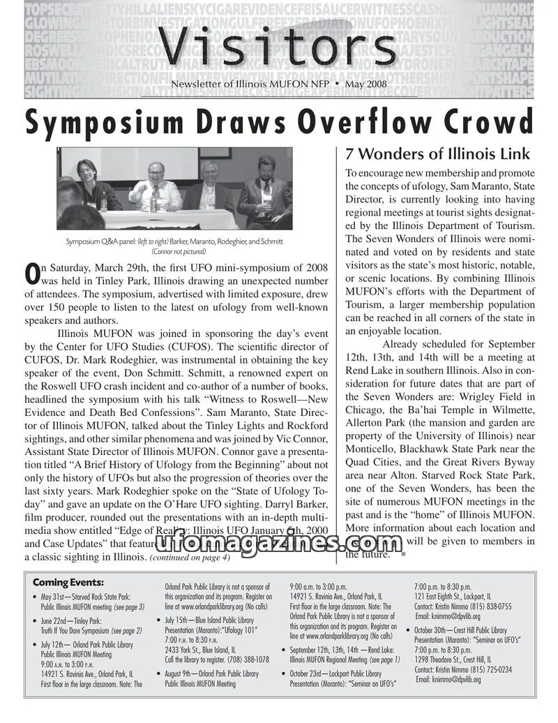 Cover of MUFON Illinois newsletter (Visitors) issue May 2008: Visitors