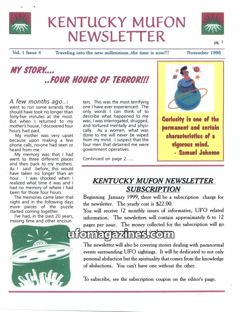 Cover of MUFON Kentucky Newsletter issue Vol. 1 Issue 4: KENTUCKY MUFON NEWSLETTER