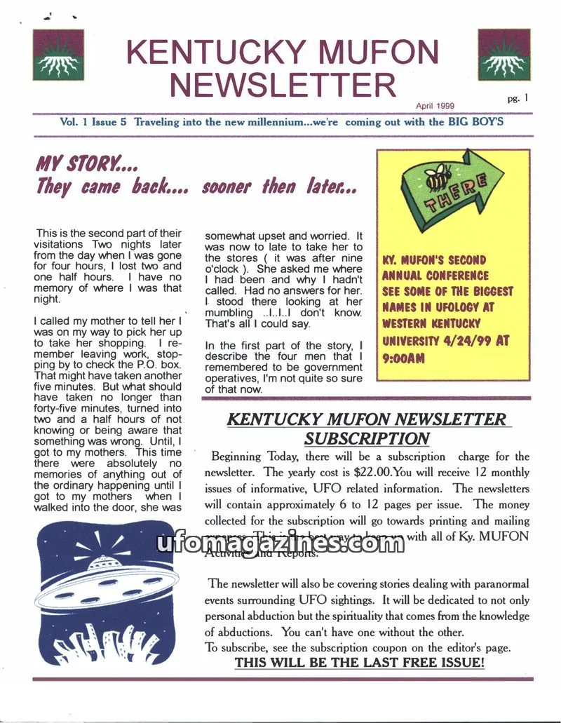 Cover of MUFON Kentucky Newsletter issue Vol. 1 Issue 5: KENTUCKY MUFON NEWSLETTER