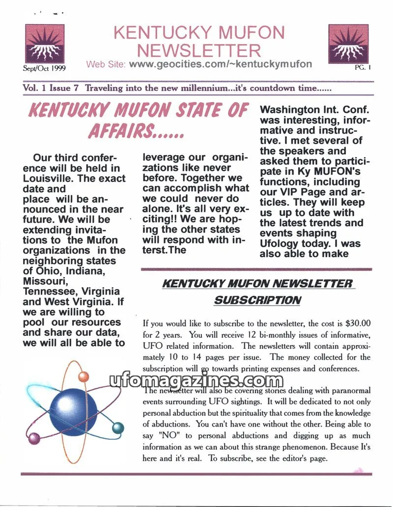 Cover of MUFON Kentucky Newsletter issue Vol. 1 Issue 7: KENTUCKY MUFON NEWSLETTER
