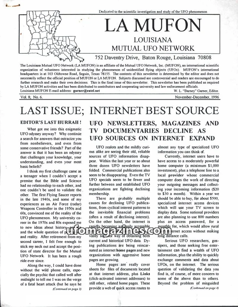 Cover of LA MUFON (Louisiana Mutual UFO Network) issue No. 6: LA MUFON