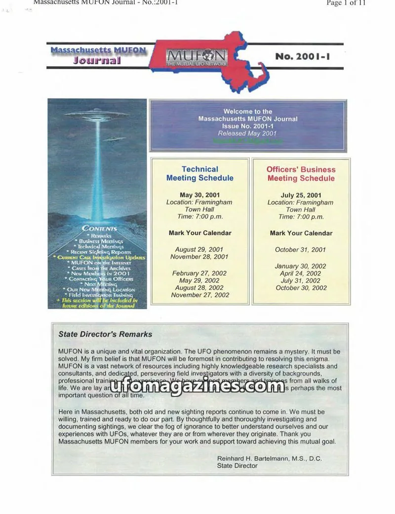 Cover of MUFON (The Mutual UFO Network) issue 2001-1: Massachusetts MUFON Journal