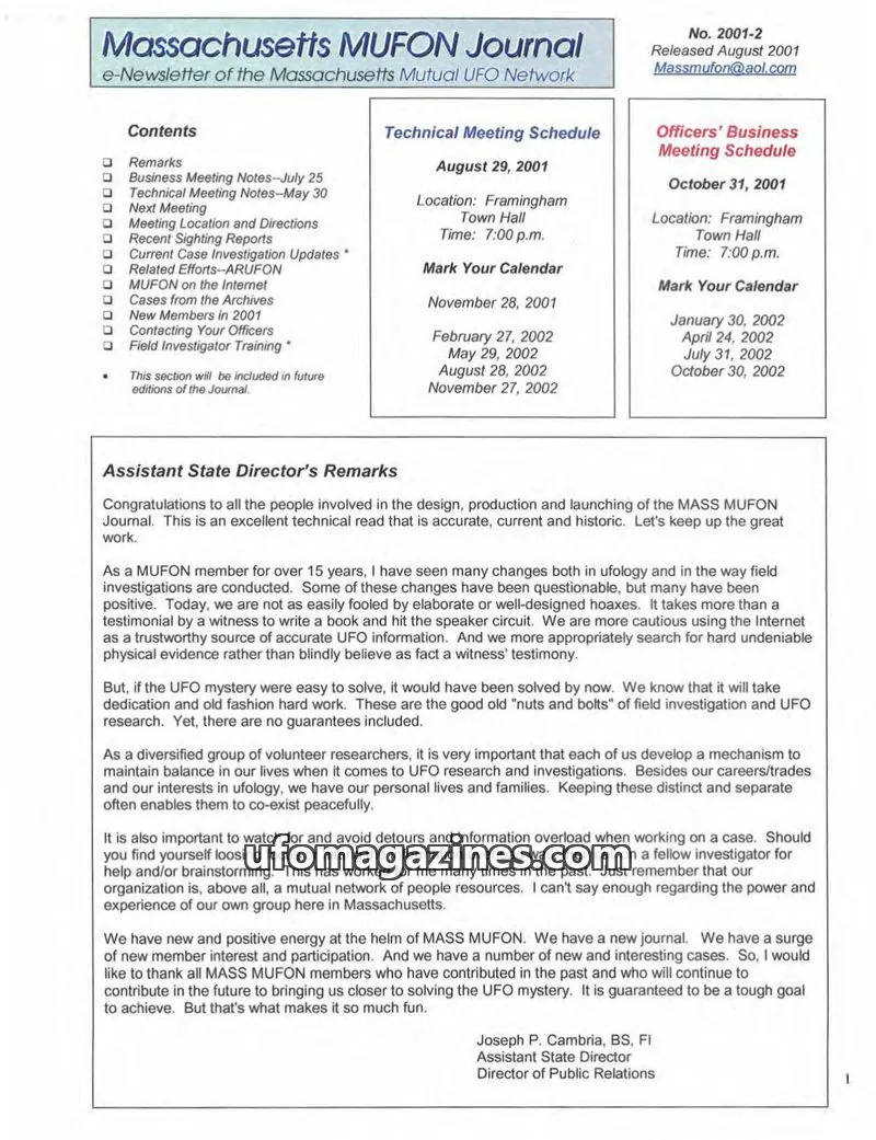 Cover of MUFON Massachusetts (Journal) issue 2001-2: Massachusetts MUFON Journal
