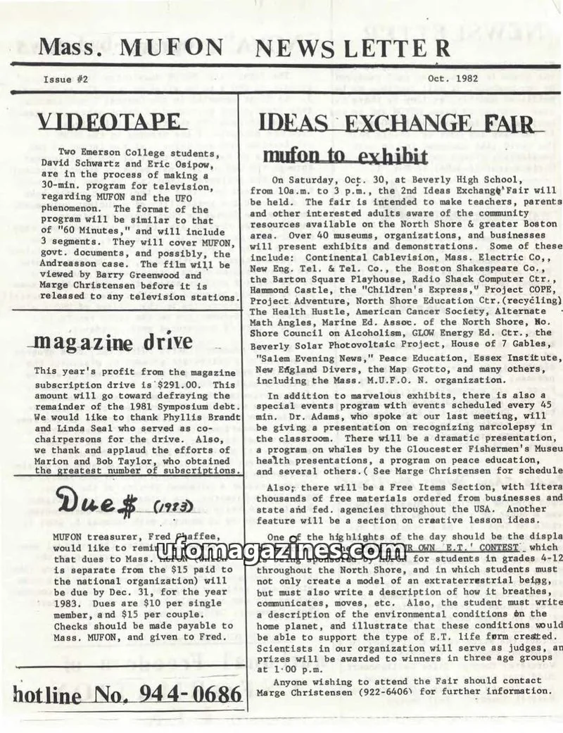 Cover of MUFON Massachusetts (Newsletter) issue #2: Mass. MUFON NEWS LETTER