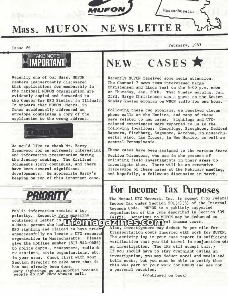 Cover of MUFON issue #6: Mass. MUFON NEWS LETTER