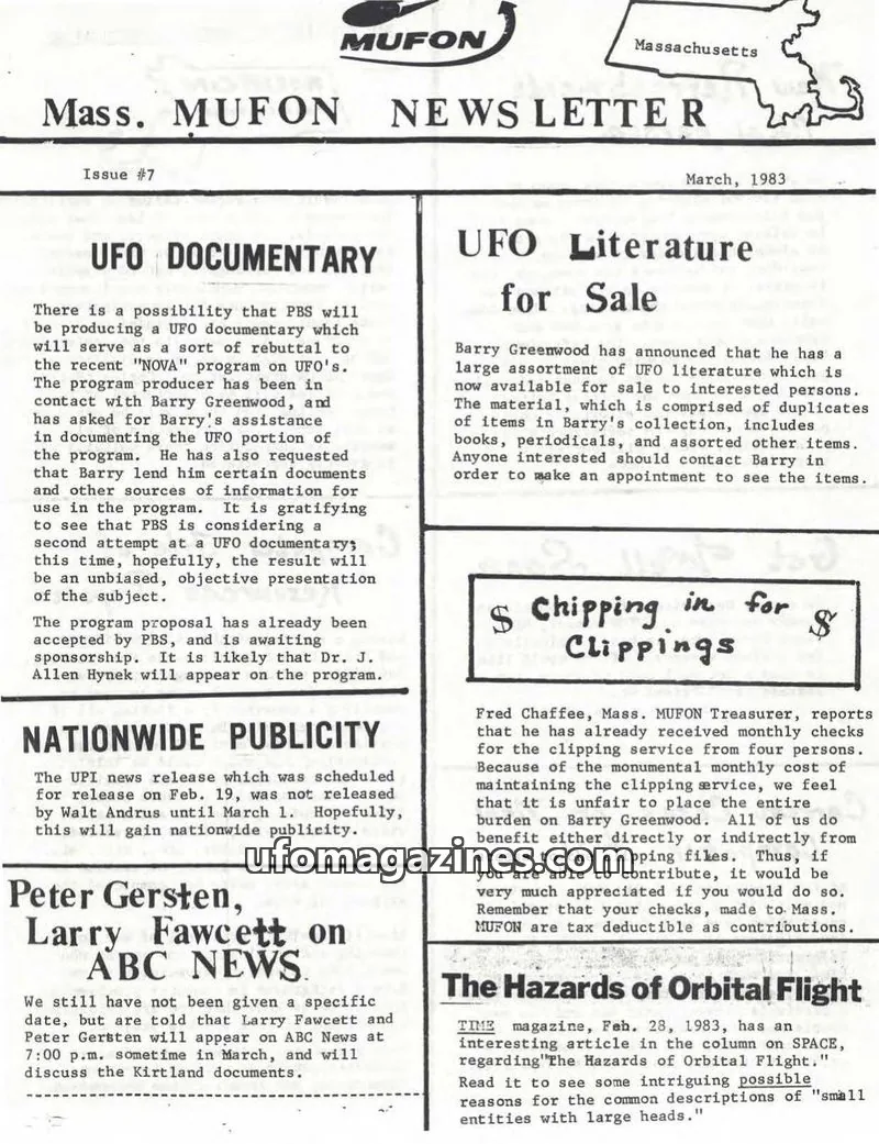 Cover of MUFON Massachusetts (Newsletter) issue #7: Mass. MUFON NEWS LETTER