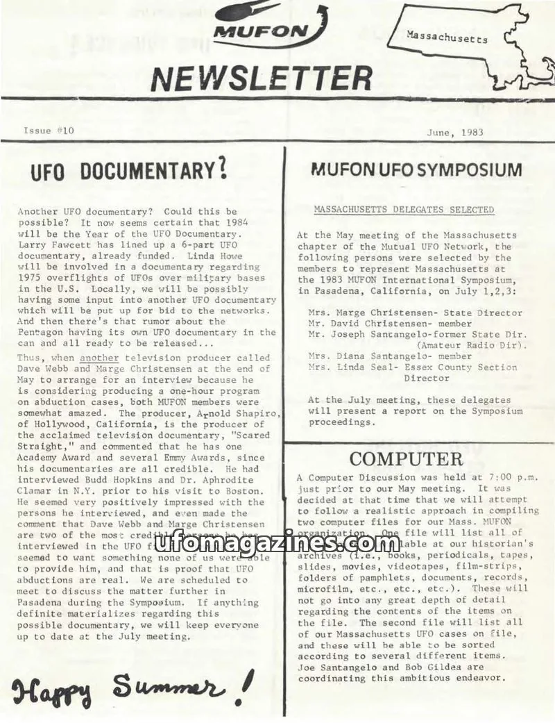 Cover of MUFON Massachusetts (Newsletter) issue #10: MUFON NEWSLETTER