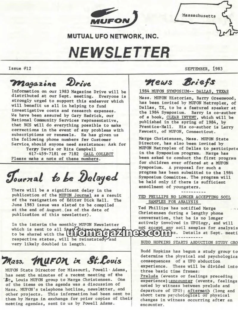 Cover of MUTUAL UFO NETWORK, INC. issue #12: MUFON NEWSLETTER