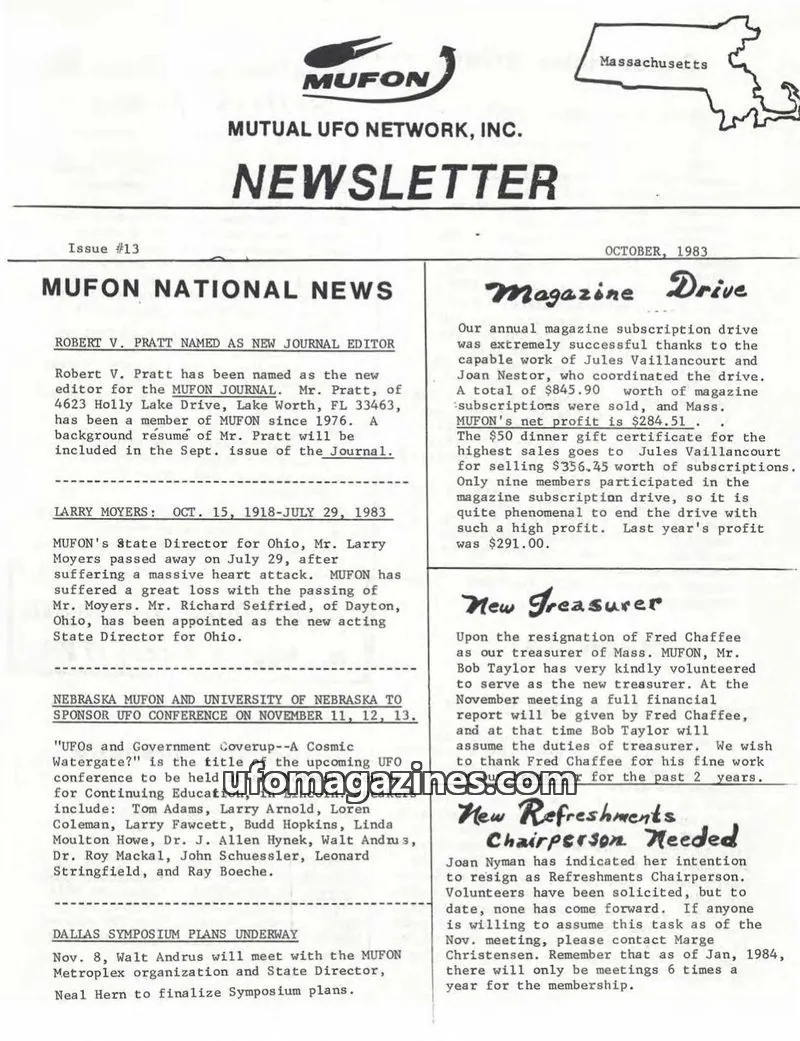 Cover of MUTUAL UFO NETWORK, INC. issue #13: MUFON NEWSLETTER