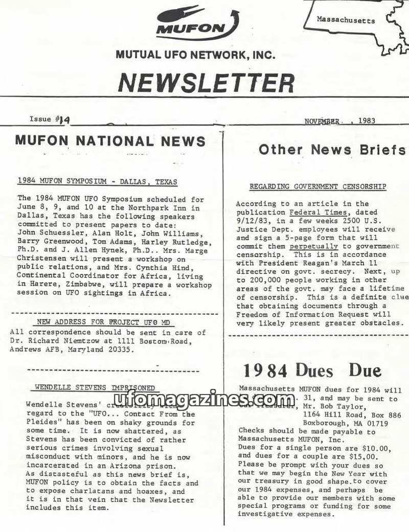 Cover of MUTUAL UFO NETWORK, INC. issue 14: MUFON NEWSLETTER