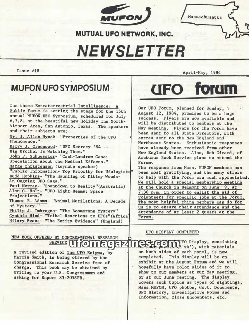 Cover of MUTUAL UFO NETWORK, INC. issue #18: MUFON NEWSLETTER