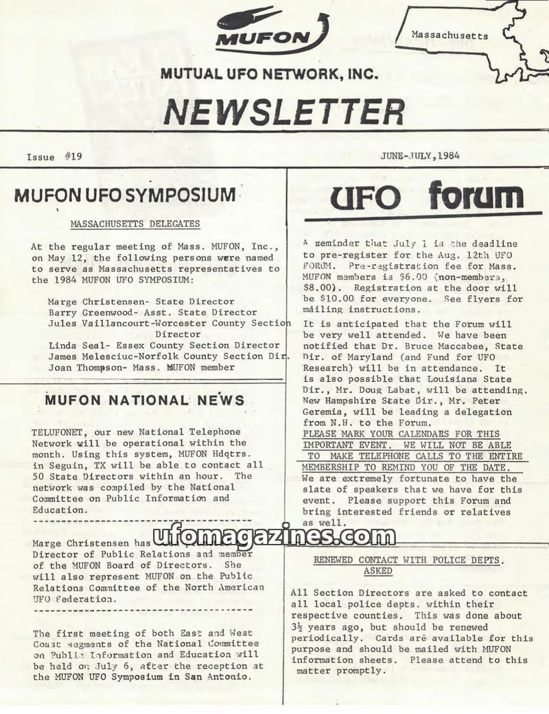 Cover of MUTUAL UFO NETWORK, INC. issue 19: MUFON NEWSLETTER