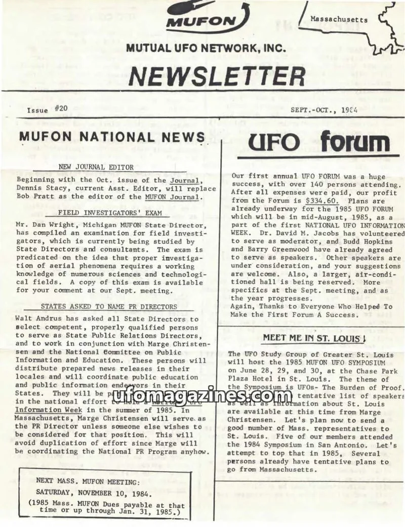 Cover of MUTUAL UFO NETWORK, INC. issue #20: MUFON NEWSLETTER