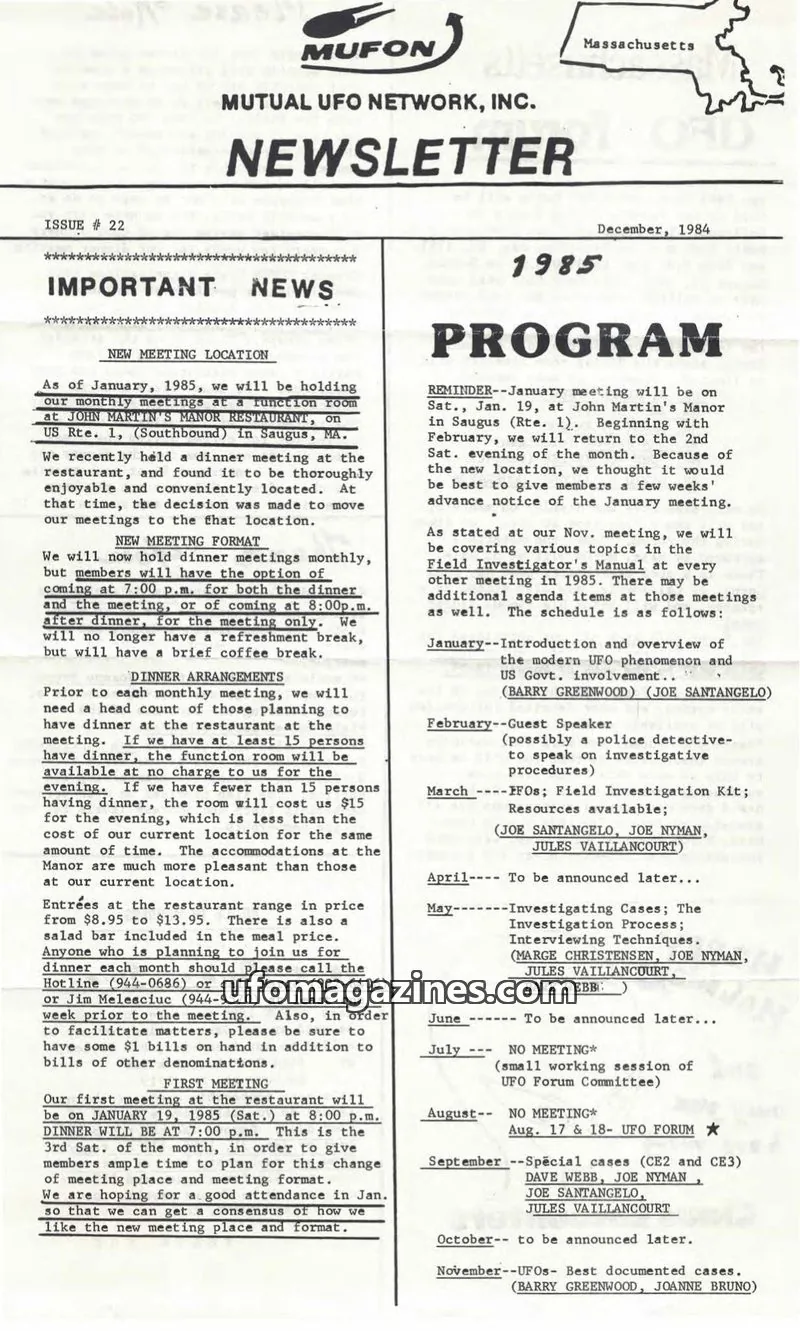 Cover of MUFON MUTUAL UFO NETWORK, INC. issue 22: MUFON MUTUAL UFO NETWORK, INC. NEWSLETTER