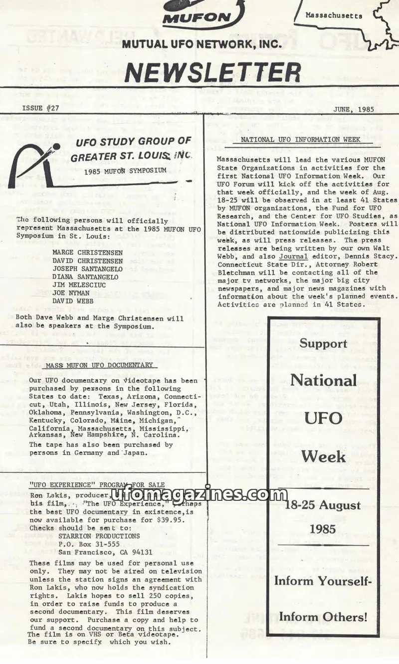 Cover of MUTUAL UFO NETWORK, INC. issue #27: MUFON NEWSLETTER