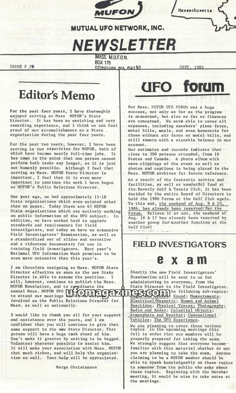 Cover of MUTUAL UFO NETWORK, INC. issue 26: MUFON NEWSLETTER