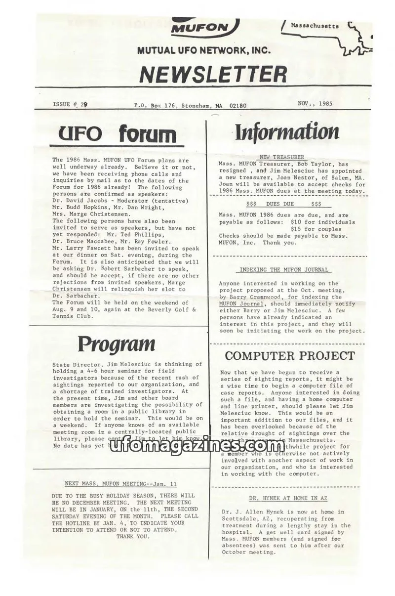 Cover of MUTUAL UFO NETWORK, INC. issue 29: MUFON NEWSLETTER