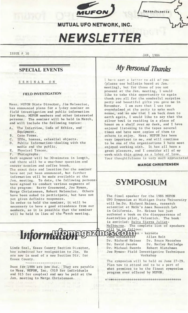 Cover of MUTUAL UFO NETWORK, INC. issue 30: MUFON NEWSLETTER